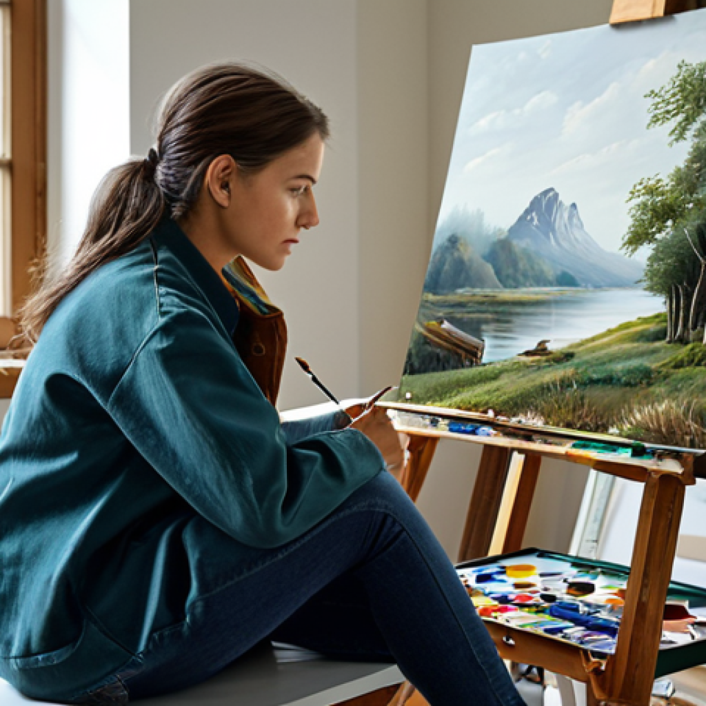 **

"A woman engrossed in painting at her art studio, fully clothed in casual attire, surrounded by art supplies, natural light, focused expression, perfect anatomy, correct proportions, safe for work, appropriate content, professional, family-friendly, high quality."

**