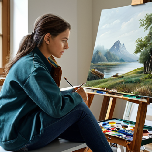 Home 4 **
"A woman engrossed in painting at her art studio, fully clothed in casual attire, surrounded by art supplies, natural light, focused expression, perfect anatomy, correct proportions, safe for work, appropriate content, professional, family-friendly, high quality."
**