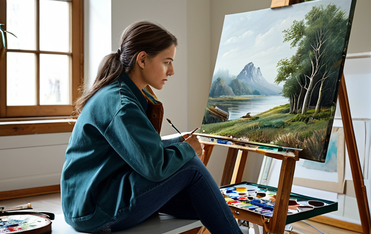 **
"A woman engrossed in painting at her art studio, fully clothed in casual attire, surrounded by art supplies, natural light, focused expression, perfect anatomy, correct proportions, safe for work, appropriate content, professional, family-friendly, high quality."
**